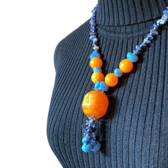 Tassel Necklace - Blue and orange beads - from Maroc - Picture 5 of 10